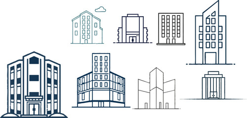 Fototapeta premium Minimal Outline Office Building Icon Clean Line Design White Background Pack, Simple Business and Corporate Line Art Illustration, Modern Skyscraper and Workspace Sketch, Clean Minimalist Office Ve