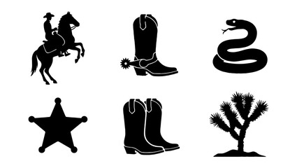 Obraz premium Wild West cowboy silhouette icon set, western desert elements with horse rider and boots, black sheriff star and rattlesnake vector graphics