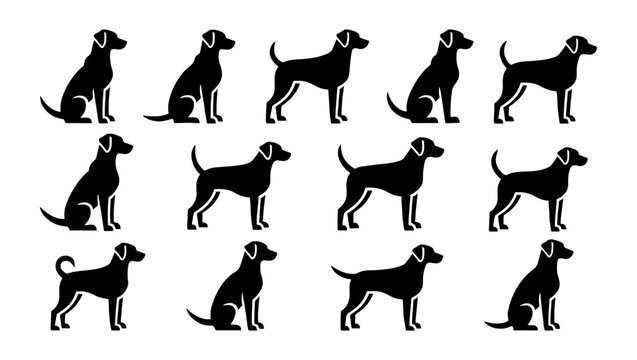 Minimalist dog silhouette icons set, collection of 12 black canine vector symbols, standing and sitting pet animal silhouettes for logos and web design