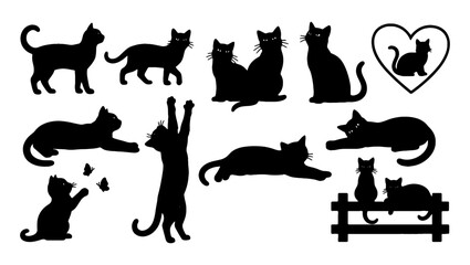 Fototapeta premium Black cat silhouettes collection, set of 12 feline vector elements in various poses, domestic cat icons for pet branding and animal graphics