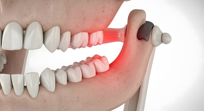 Anatomical view of temporomandibular joint disorder and jaw pain. TMJ syndrome and dental occlusion. Diagram showing joint stress and molar inflammation on a human mandible