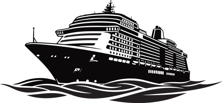 Simple black Cruise ship vector illustration.Vector art of a cruise ship isolated on white background.