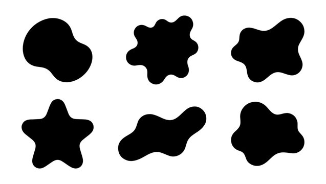 Abstract organic blob shapes, set of 6 black liquid silhouettes, minimalist amoeba fluid elements for modern graphic design and branding