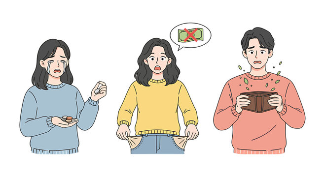 People with empty wallets, pockets and piggy bank having no money. Concept of financial problems empty wallets, empty pockets, little money