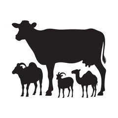 Fototapeta premium Silhouette illustration depicting a cow goat and camel family group