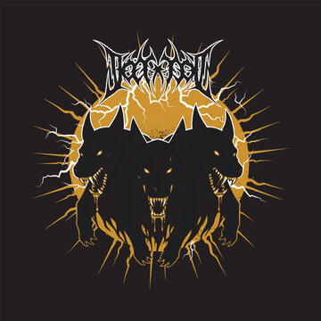 Aggressive three-headed dog Cerberus mascot character with a fire background vector illustration.