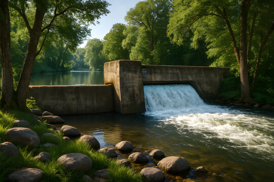 A river flows over a small dam surrounded by rocks and green grass tall trees provide shade sunlight filters through creating a peaceful natural and scenic landscape