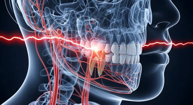 Wisdom tooth impaction and nerve inflammation. Dental surgery and oral healthcare. 3D x-ray of human teeth showing glowing red roots and mandibular nerve path