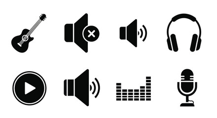 Fototapeta premium Black icons representing music sound and audio equipment silhouette