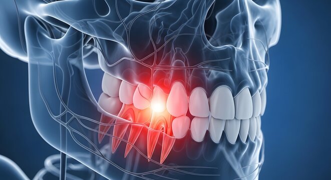 Severe toothache and dental pulp infection. Endodontic treatment and oral disease prevention. Transparent blue jaw view showing bright glowing red infected tooth roots