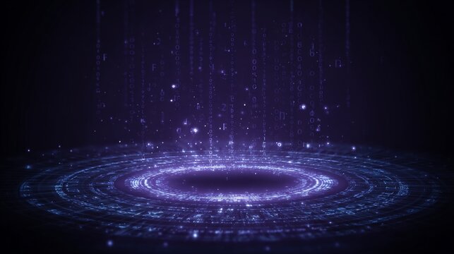 Digital patterns form a circular design with light and code drops in a dark space at night