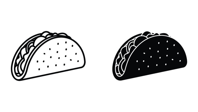 Two stylized tacos with different fillings and tortillas shown in black and white contrast