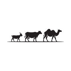 Fototapeta premium Silhouette illustration depicting a goat cow and camel walking in a line