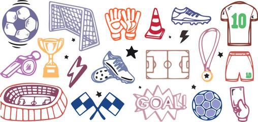Vector football illustration set with soccer ball, goal, jersey, boots, gloves, trophy, stadium, medal, and field. Perfect for t-shirts, posters, stickers, sports graphics, and merchandise. © Cont