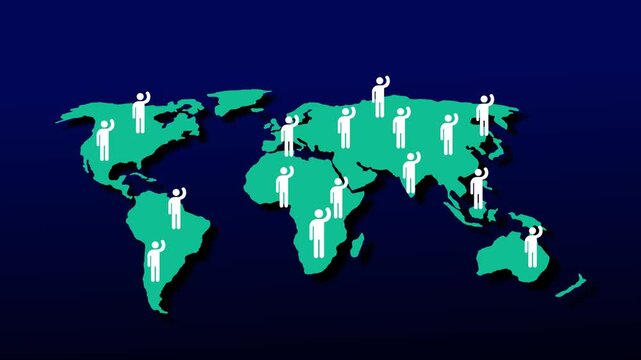 waving characters on world map, protesting people around the world, blue motion background