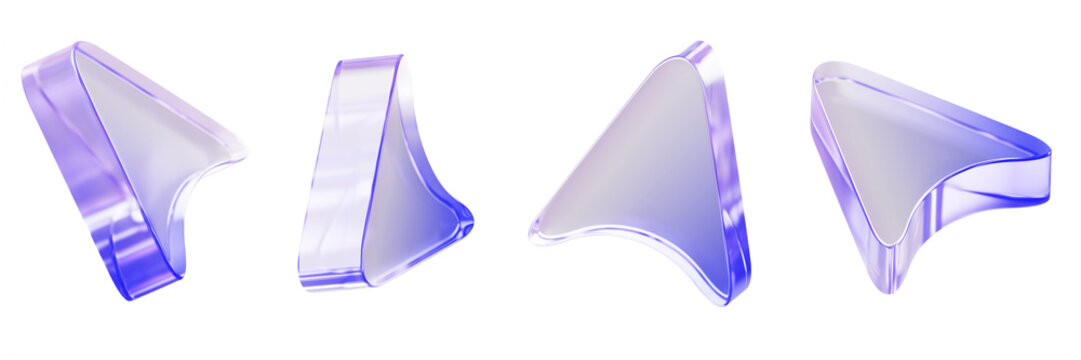 3d glass holographic arrow cursor set. Transparent computer mouse icon with purple blue neon gradient. Iridescent click pointer for ui or web design, gps navigation app, location tech