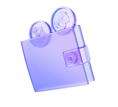 Glass holographic bitcoin wallet 3d icon with purple cryptocurrency coins. Security of digital money, safe storage service for buy, sell, trade, invest, exchange in blockchain network