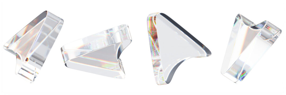 Glass arrow cursors set isolated on black background. Clear transparent 3D computer mouse render icon with rainbow light refraction, user interface navigation symbol to click button