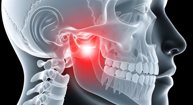 Temporomandibular joint disorder and jaw bone pain. TMJ syndrome and dental problems. Anatomical view of a human skull with red glowing inflammation in the jaw joint