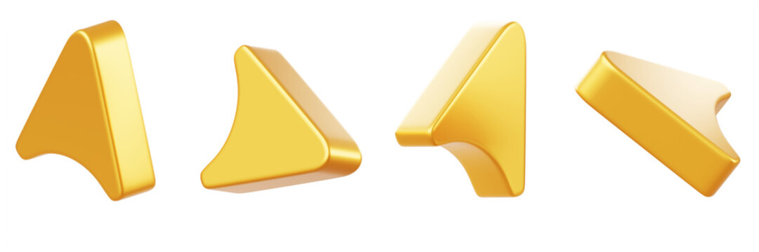 3d gold navigation arrow. Shiny golden directional pointer set for interface design. Metal gps navigator icon, location point. Isolated yellow direction sign, road map route symbol
