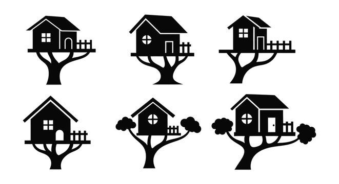 Minimalist black treehouses depicted in a striking silhouette