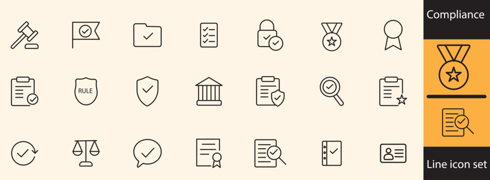 A collection of compliance related line icons depicting concepts like legality certification security and successful verification high quality professional detailed modern elegant stylish