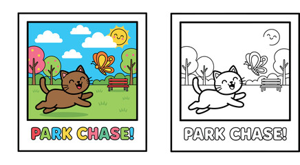 Fototapeta premium Cute Cartoon Cat Chasing a Butterfly in a Park