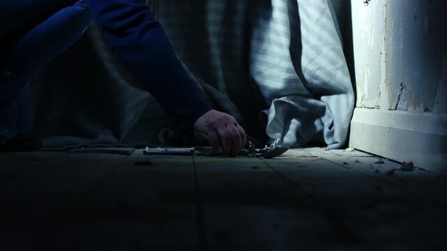 Addict cutting illegal drugs in dark room