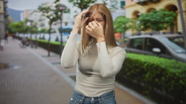 Woman pinches nose while lifting sunglasses on a busy city street beside parked cars and manicured hedge, head lowered in reaction; disgust aversion.