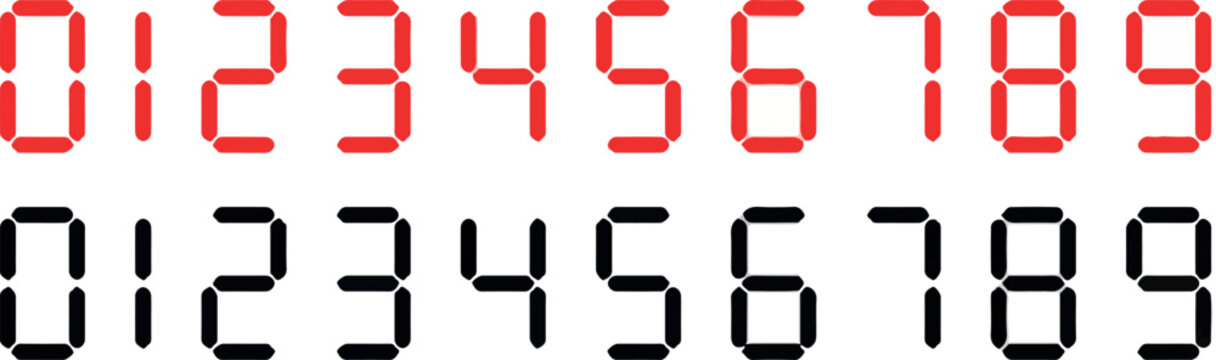 Zero to Nine digital electronic clock numbers vector set. LCD LED digit set for the counter, clock, calculator, watch, timer, alarm etc