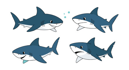 Fototapeta premium Friendly shark illustrations in four different swimming poses featuring shades of blue and white isolated on a plain background.