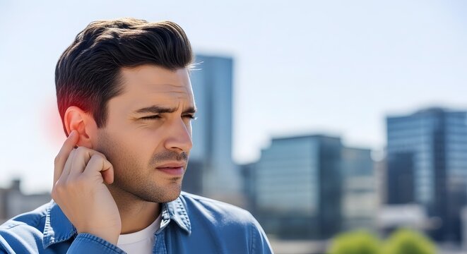 Man suffering from acute earache and hearing loss. Medical healthcare and otology concept. Casual young male touching his painful ear outdoors in the city