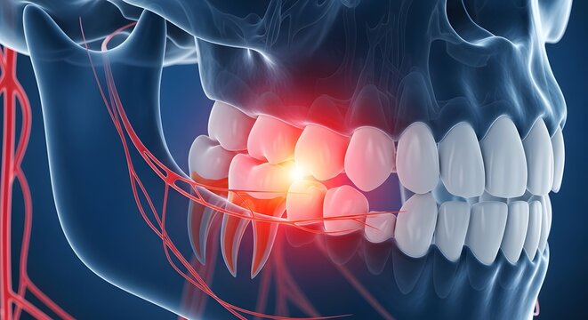 Impacted wisdom tooth and dental nerve pain anatomy. Dentistry and oral surgery concept. Digital 3D illustration showing inflamed molar roots and mandibular nerve