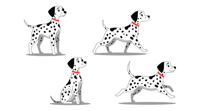Dalmatian dog character collection illustrating four various actions including standing, walking, sitting and running on a background.