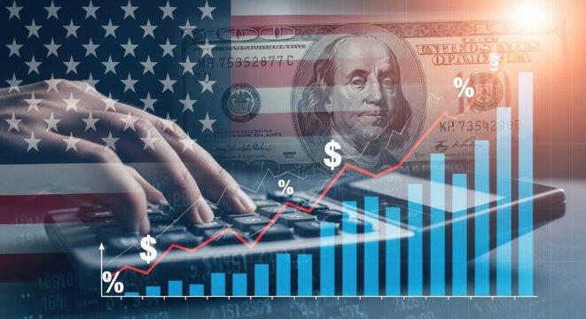 American financial market concept, double exposure of US flag and dollar bill, hands using calculator with rising stock market growth chart