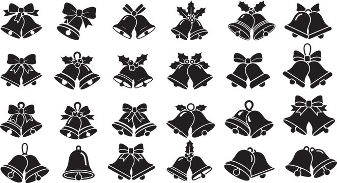 Christmas bell ribbon icon set.Christmas Vector Icon Set.Christmas bells icons set in black and white.