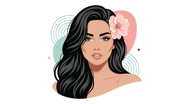Portrait of a beautiful woman with long dark wavy hair and a pink flower tucked behind her ear against abstract circular shapes background.