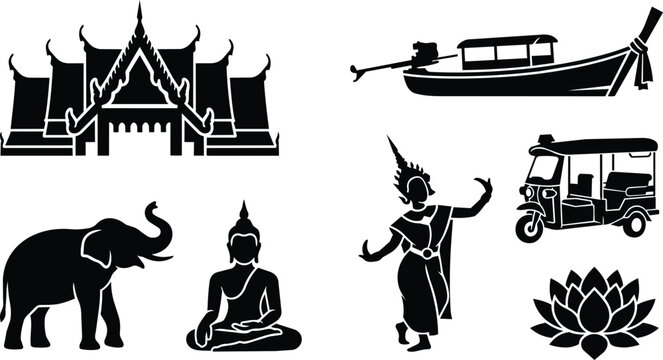 Professional set of black silhouette icons representing Thai cultural symbols