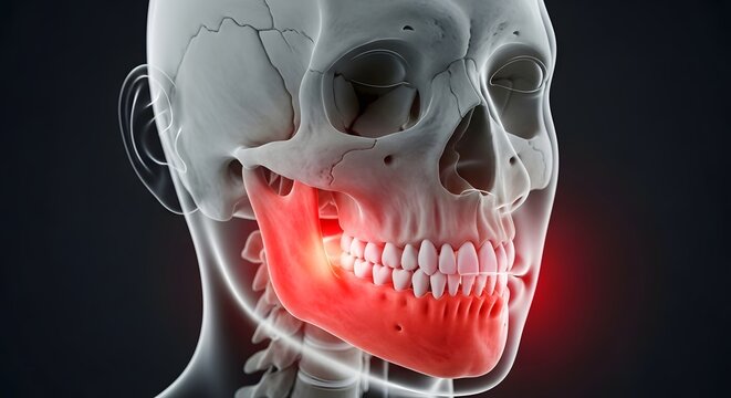 Human jaw bone anatomy and dental health. Mandibular pain and skeletal structure. Transparent skull model showing lower teeth and chin with red inflammation area