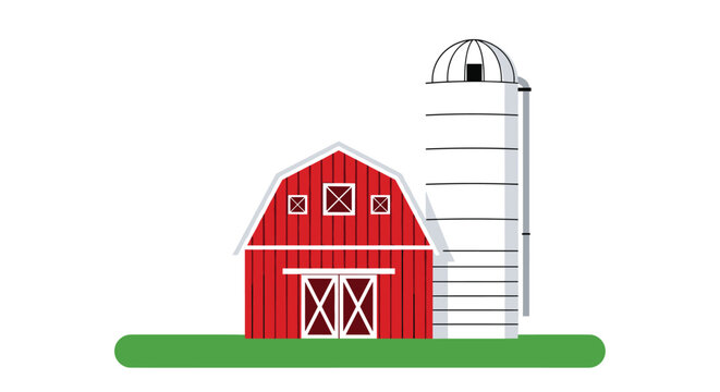 Traditional red farm barn with white trim and a tall white cylindrical storage silo standing on a green grass strip against white.