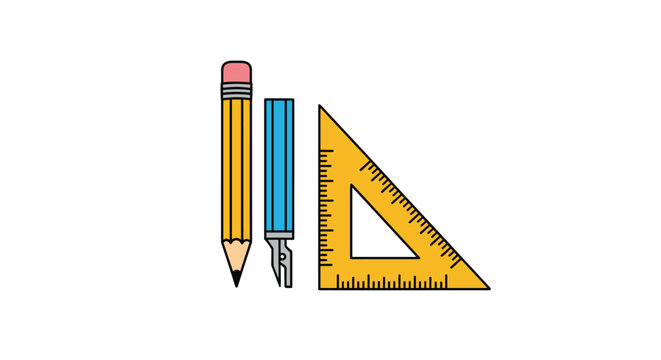 Basic school stationery illustration featuring a yellow pencil a blue technical pen and a yellow triangle ruler on a white background.