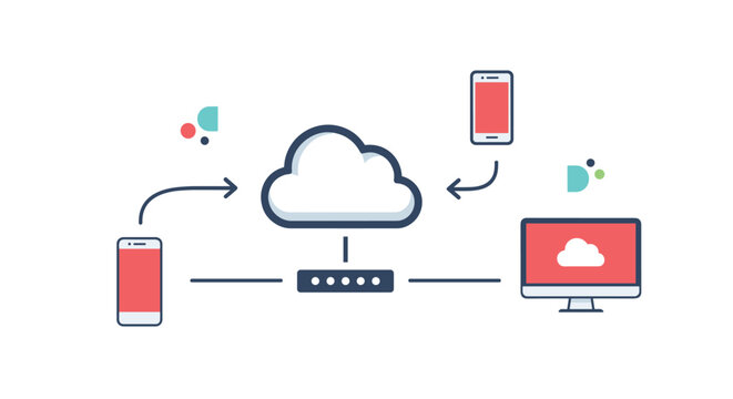 Cloud computing network diagram illustrating the synchronization between a smartphone a computer and a central cloud storage symbol.