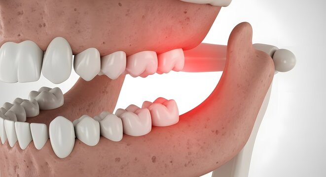 Dental anatomy showing wisdom tooth impaction and gum pain. Dentistry and oral surgery. 3D illustration of human jaw with red glowing molar inflammation