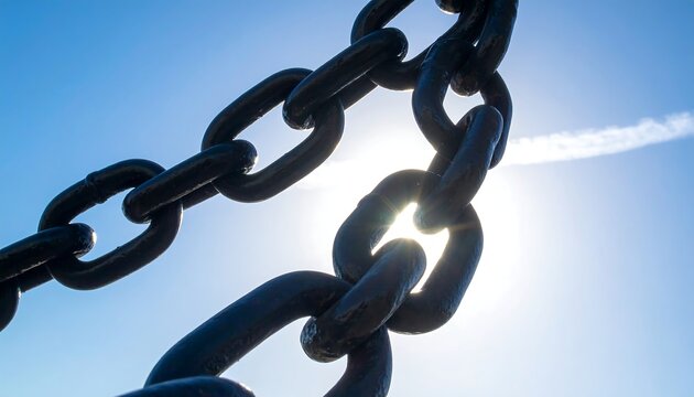 Close-up of large, dark metal links of a chain, partially obscuring the bright sun against a clear, blue sky