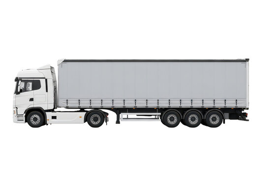 White modern semi truck with a long curtain side trailer for heavy duty commercial cargo transport