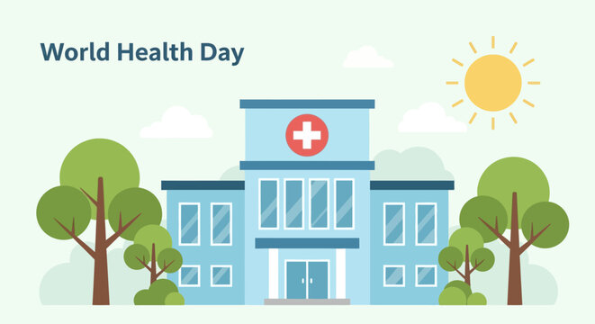 Modern hospital building with a medical cross and trees under a sunny sky, representing World Health Day and healthcare services in an outdoor setting.