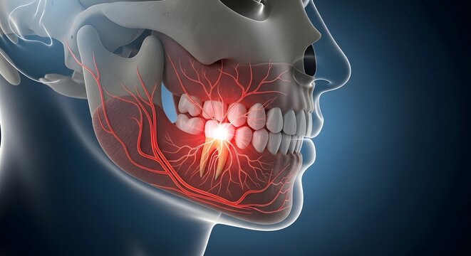 Toothache and dental nerve inflammation anatomy. Dentistry and oral health. Xray style illustration of human jaw showing root canal pain and nerves