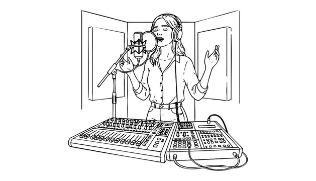 Microphone vector illustration of a woman singing in a recording studio