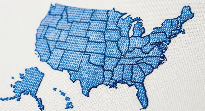 blue needlepoint map of the United States on white background