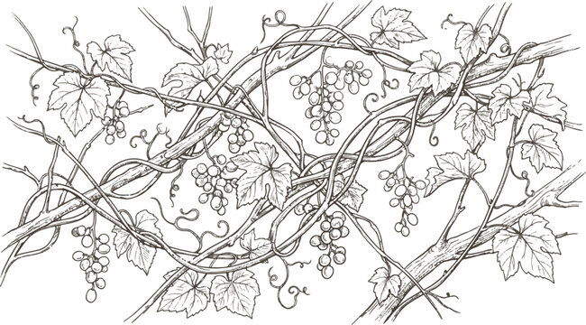Hand Drawn Grapevine Branch with Leaves and Grapes in Vintage Line Art Style